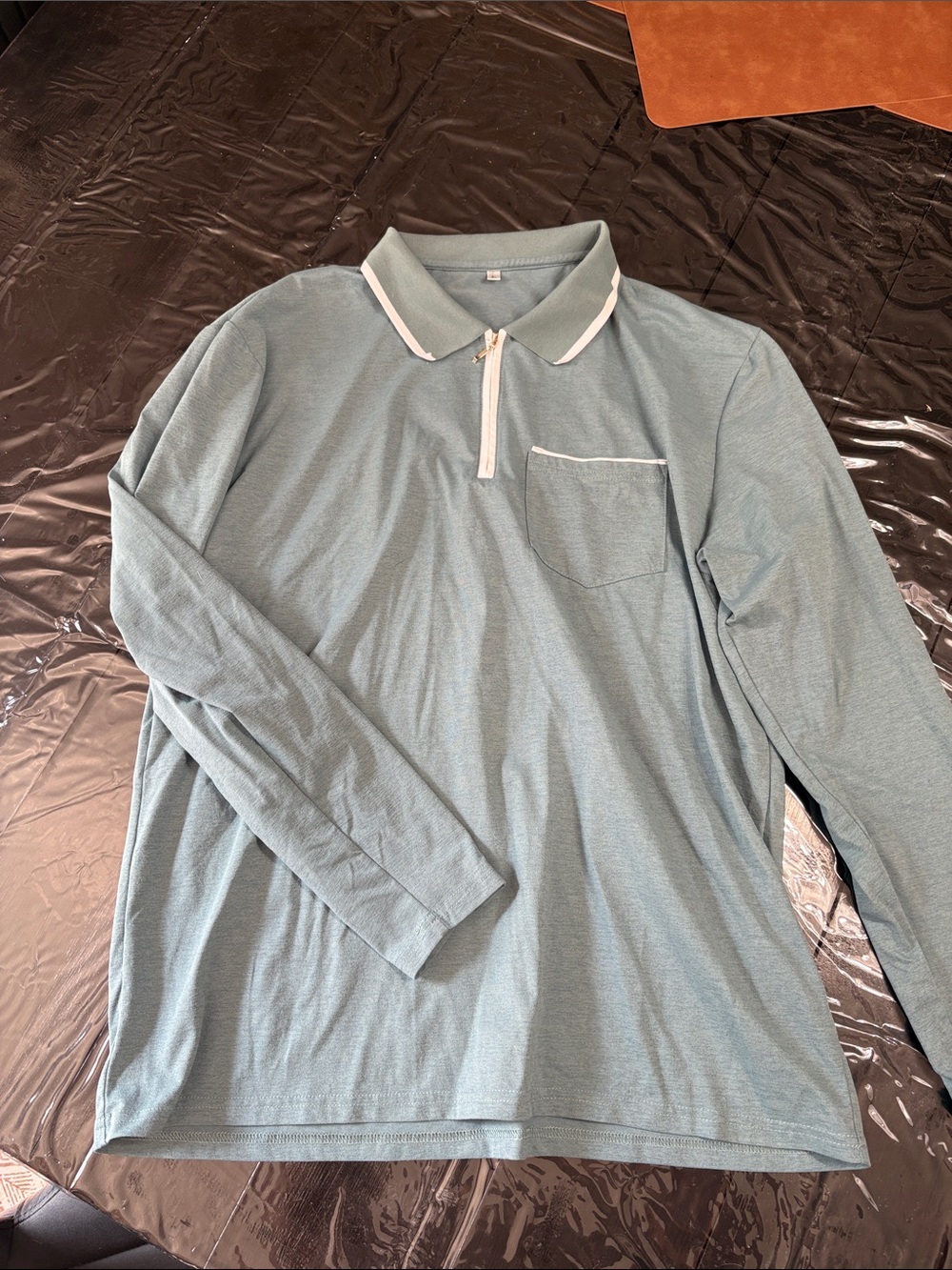 Long-Sleeve Polo Shirt in Light Teal with Contrast Trim
